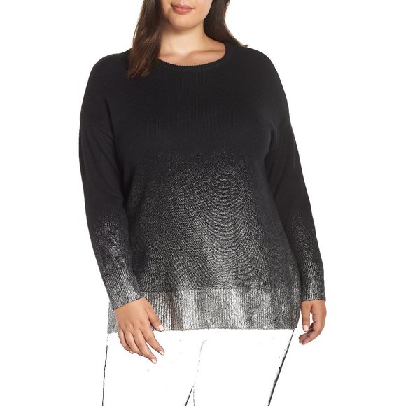 NWT Womens Plus Size 1X 2X Vince Camuto Black Silver Ombre Foil Pullover Sweater - Picture 1 of 3